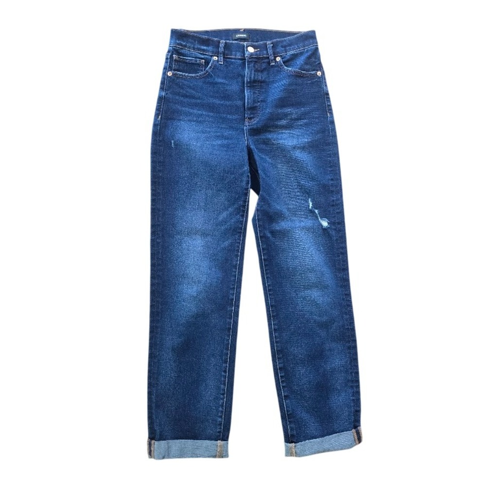 Express Dark Wash Modern Straight Super High Rise Jean Women 4R Distressed Denim